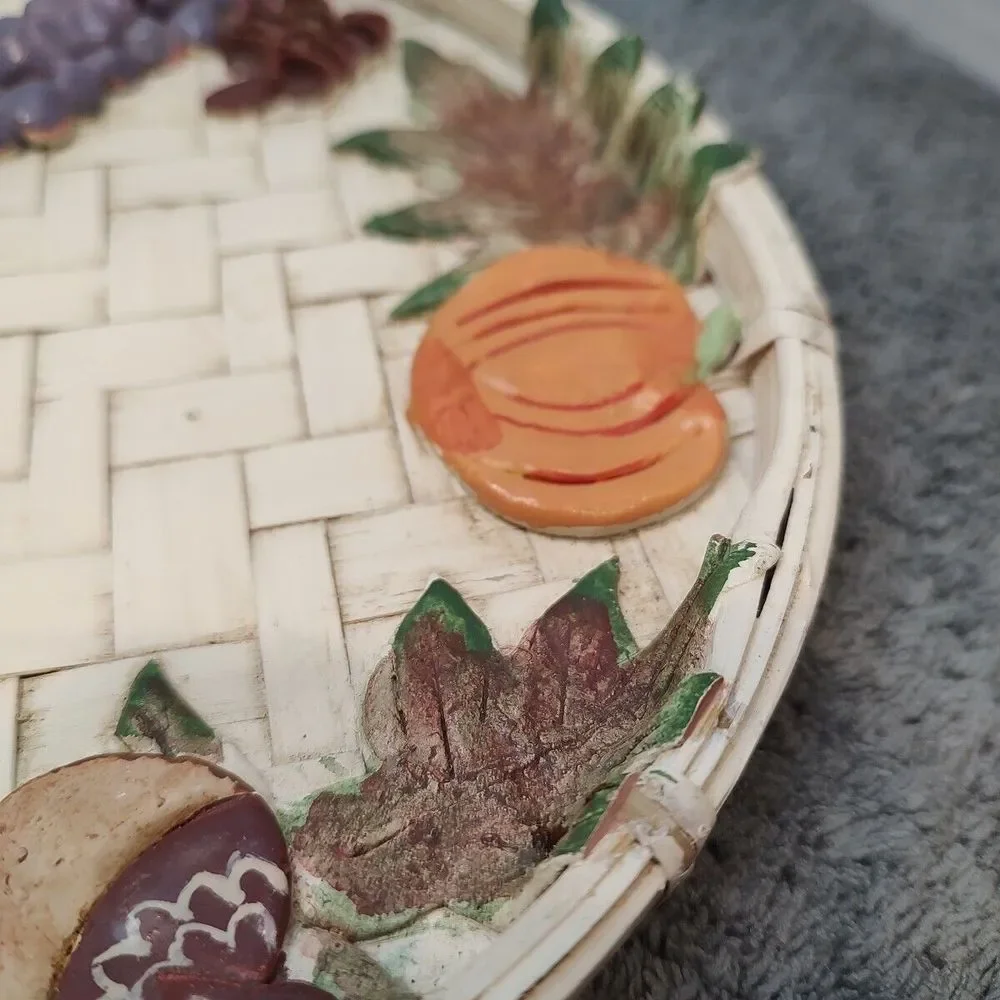 Vtg Woven Basket Platter Fall Fruit Pumpkins Clay Hand Painted Multi Use 14
